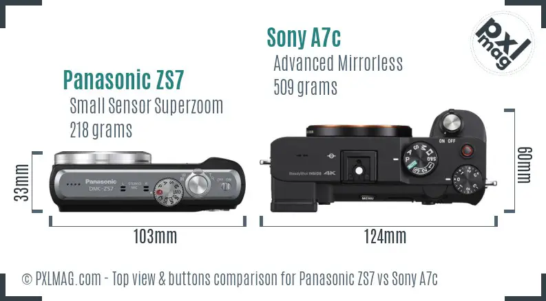 Panasonic ZS7 vs Sony A7c top view buttons comparison Panasonic ZS7 vs Sony A7c top view buttons comparison