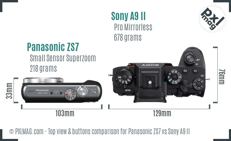 Panasonic ZS7 vs Sony A9 II top view buttons comparison