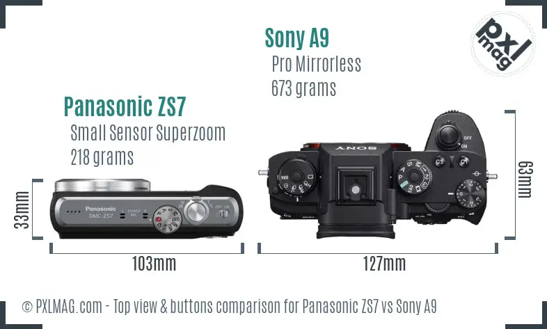 Panasonic ZS7 vs Sony A9 top view buttons comparison Panasonic ZS7 vs Sony A9 top view buttons comparison