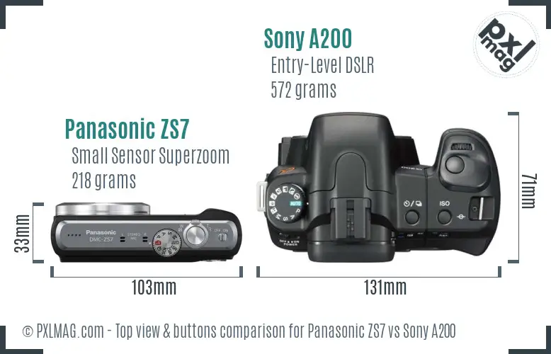 Panasonic ZS7 vs Sony A200 top view buttons comparison