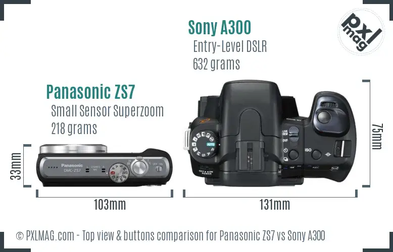 Panasonic ZS7 vs Sony A300 top view buttons comparison Panasonic ZS7 vs Sony A300 top view buttons comparison