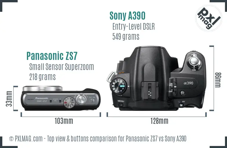 Panasonic ZS7 vs Sony A390 top view buttons comparison