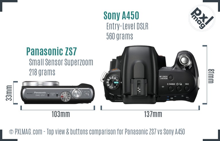 Panasonic ZS7 vs Sony A450 top view buttons comparison