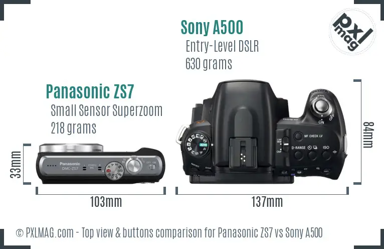 Panasonic ZS7 vs Sony A500 top view buttons comparison
