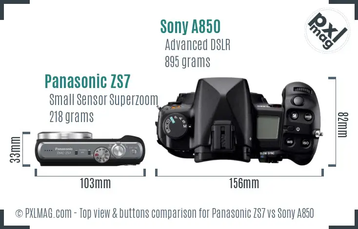 Panasonic ZS7 vs Sony A850 top view buttons comparison Panasonic ZS7 vs Sony A850 top view buttons comparison
