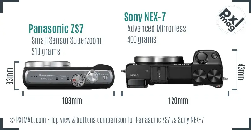 Panasonic ZS7 vs Sony NEX-7 top view buttons comparison