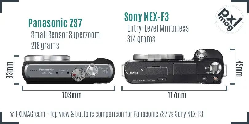 Panasonic ZS7 vs Sony NEX-F3 top view buttons comparison Panasonic ZS7 vs Sony NEX-F3 top view buttons comparison