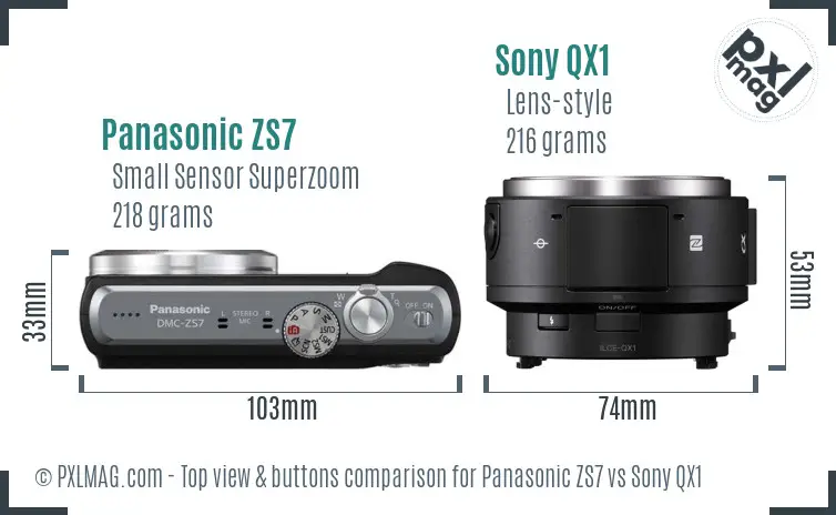 Panasonic ZS7 vs Sony QX1 top view buttons comparison Panasonic ZS7 vs Sony QX1 top view buttons comparison