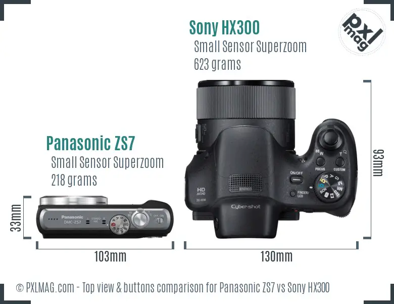 Panasonic ZS7 vs Sony HX300 top view buttons comparison