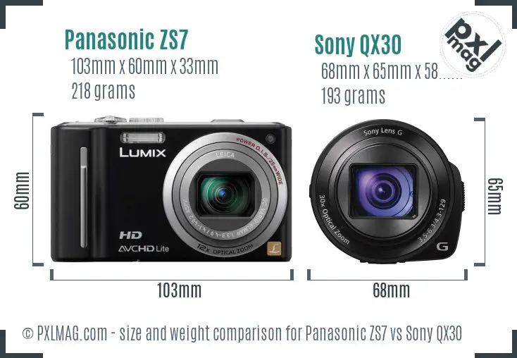 Panasonic ZS7 vs Sony QX30 size comparison