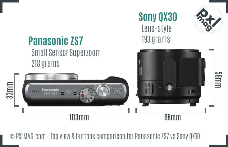 Panasonic ZS7 vs Sony QX30 top view buttons comparison