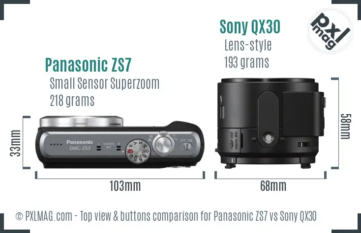 Panasonic ZS7 vs Sony QX30 top view buttons comparison Panasonic ZS7 vs Sony QX30 top view buttons comparison