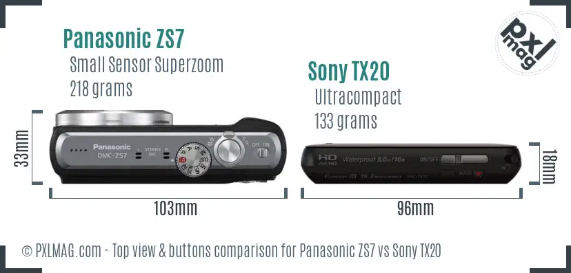 Panasonic ZS7 vs Sony TX20 top view buttons comparison Panasonic ZS7 vs Sony TX20 top view buttons comparison