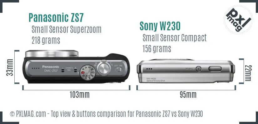 Panasonic ZS7 vs Sony W230 top view buttons comparison