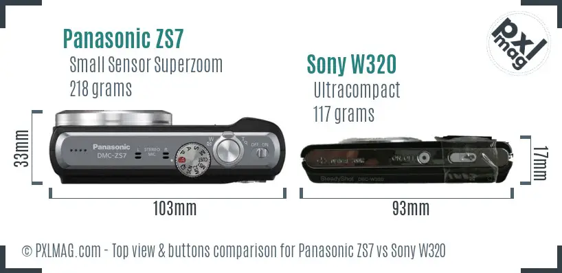 Panasonic ZS7 vs Sony W320 top view buttons comparison
