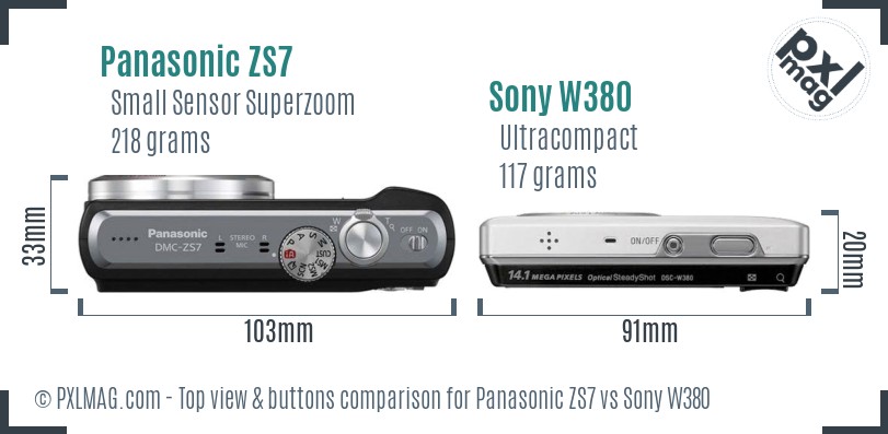 Panasonic ZS7 vs Sony W380 top view buttons comparison