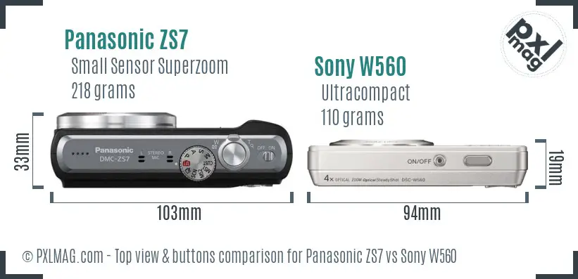 Panasonic ZS7 vs Sony W560 top view buttons comparison