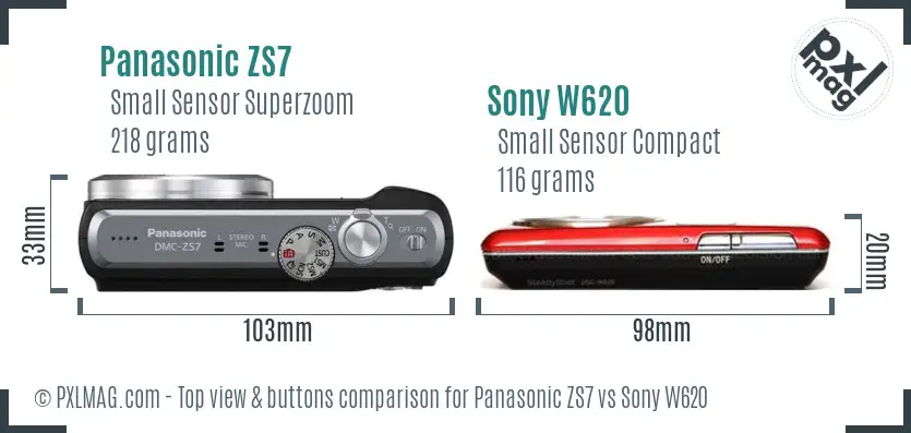 Panasonic ZS7 vs Sony W620 top view buttons comparison