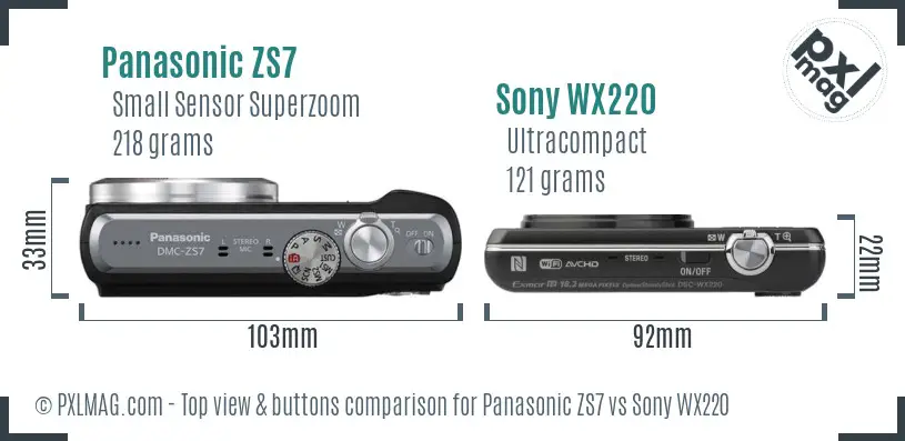 Panasonic ZS7 vs Sony WX220 top view buttons comparison