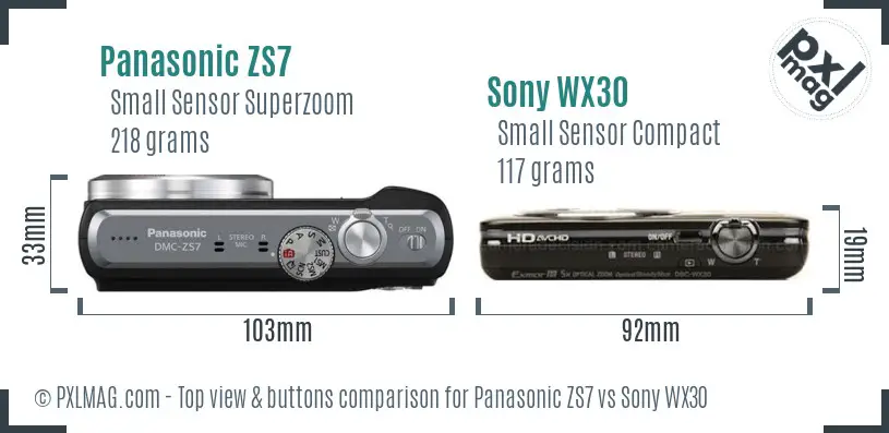 Panasonic ZS7 vs Sony WX30 top view buttons comparison