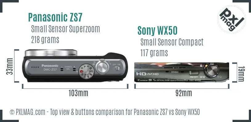 Panasonic ZS7 vs Sony WX50 top view buttons comparison Panasonic ZS7 vs Sony WX50 top view buttons comparison