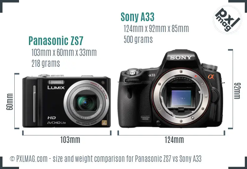 Panasonic ZS7 vs Sony A33 size comparison