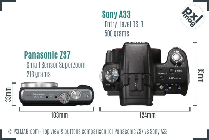 Panasonic ZS7 vs Sony A33 top view buttons comparison