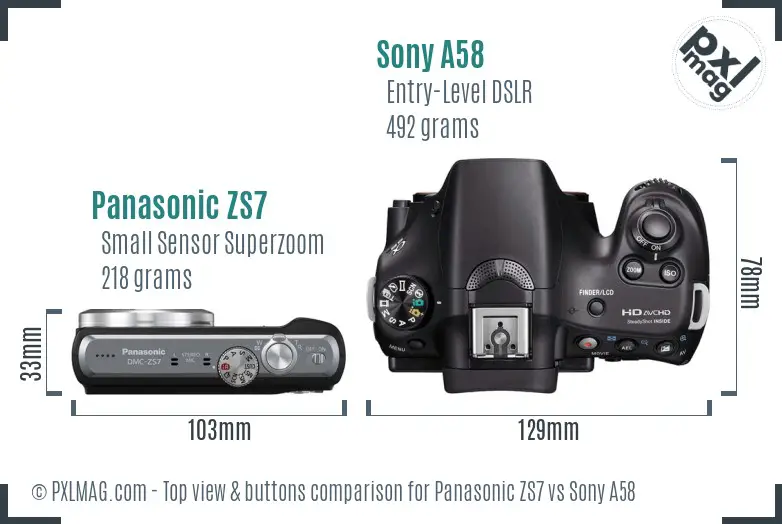 Panasonic ZS7 vs Sony A58 top view buttons comparison Panasonic ZS7 vs Sony A58 top view buttons comparison