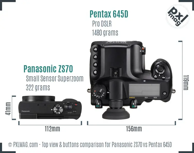 Panasonic ZS70 vs Pentax 645D top view buttons comparison