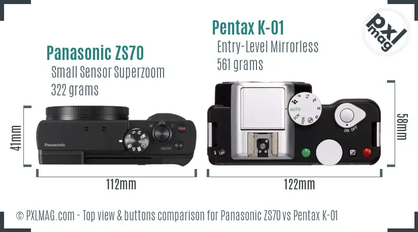 Panasonic ZS70 vs Pentax K-01 top view buttons comparison