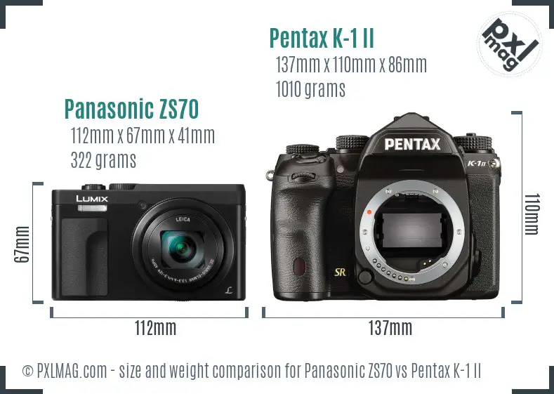 Panasonic ZS70 vs Pentax K-1 II size comparison