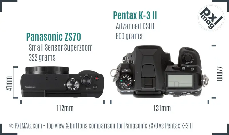 Panasonic ZS70 vs Pentax K-3 II top view buttons comparison