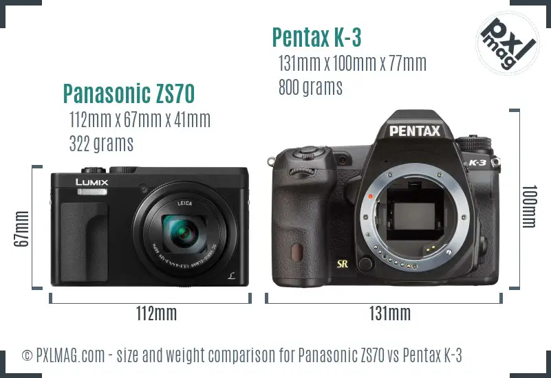 Panasonic ZS70 vs Pentax K-3 size comparison