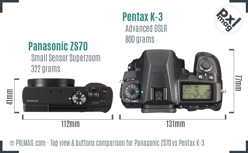 Panasonic ZS70 vs Pentax K-3 top view buttons comparison