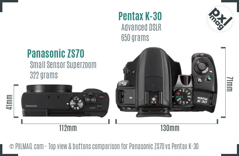 Panasonic ZS70 vs Pentax K-30 top view buttons comparison