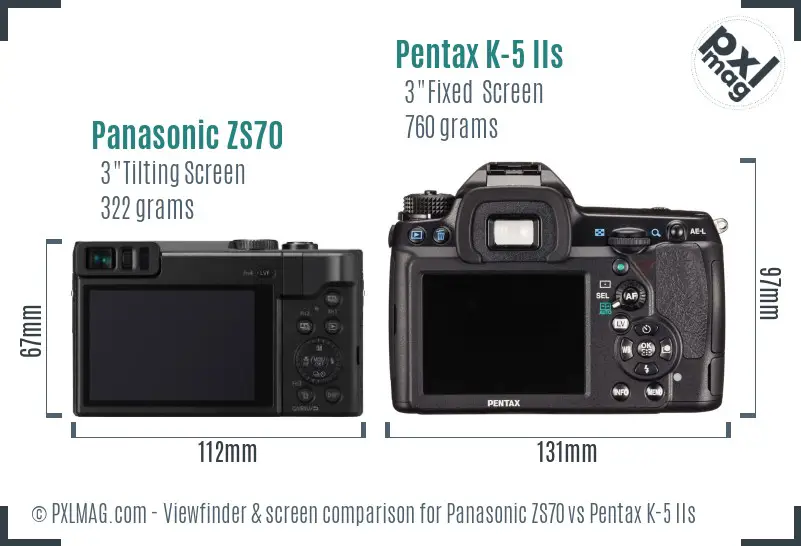 Panasonic ZS70 vs Pentax K-5 IIs Screen and Viewfinder comparison