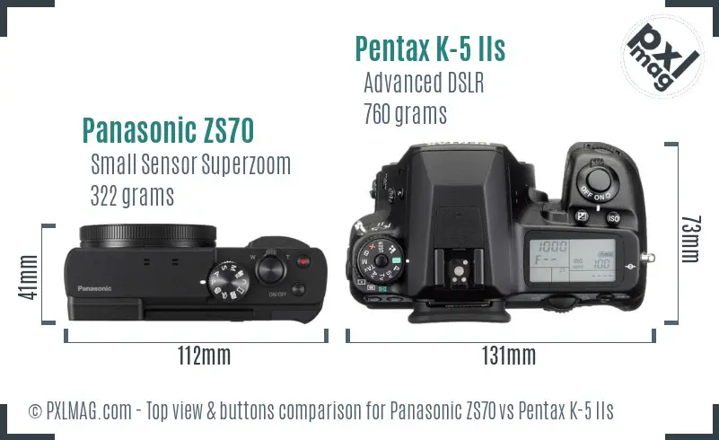 Panasonic ZS70 vs Pentax K-5 IIs top view buttons comparison