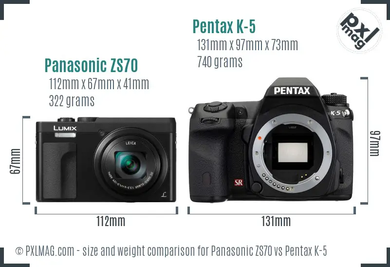 Panasonic ZS70 vs Pentax K-5 size comparison