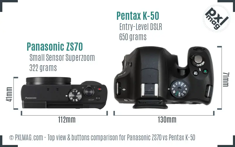 Panasonic ZS70 vs Pentax K-50 top view buttons comparison