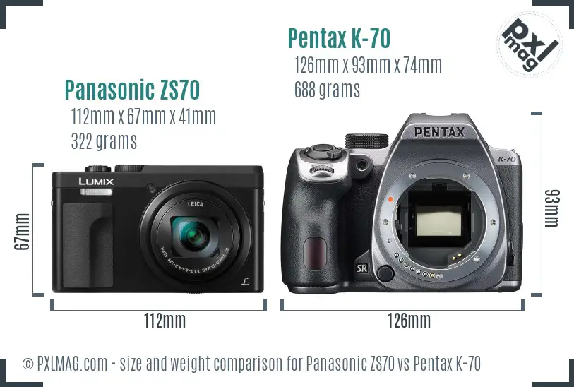 Panasonic ZS70 vs Pentax K-70 size comparison