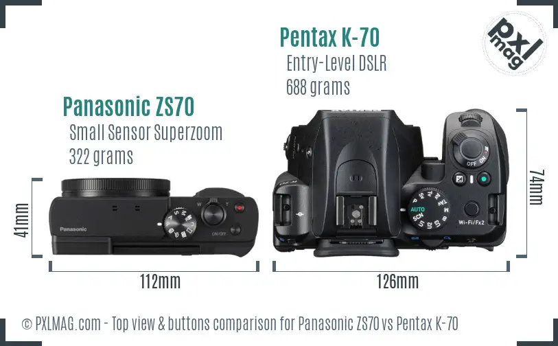 Panasonic ZS70 vs Pentax K-70 top view buttons comparison