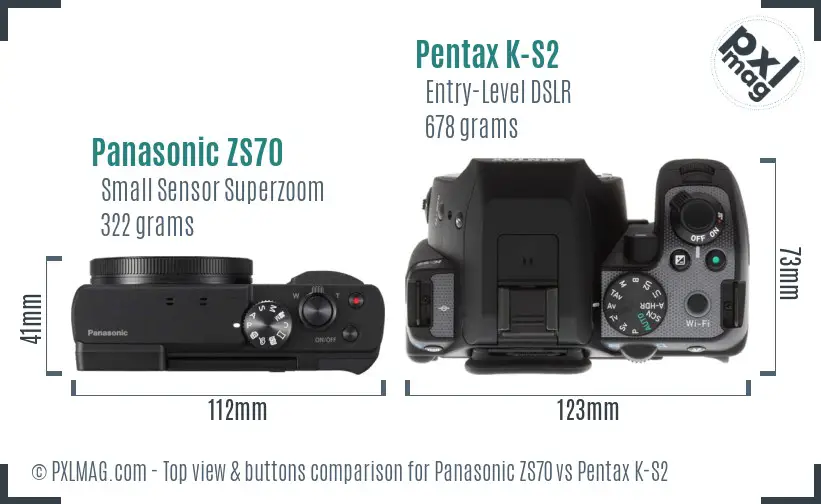 Panasonic ZS70 vs Pentax K-S2 top view buttons comparison
