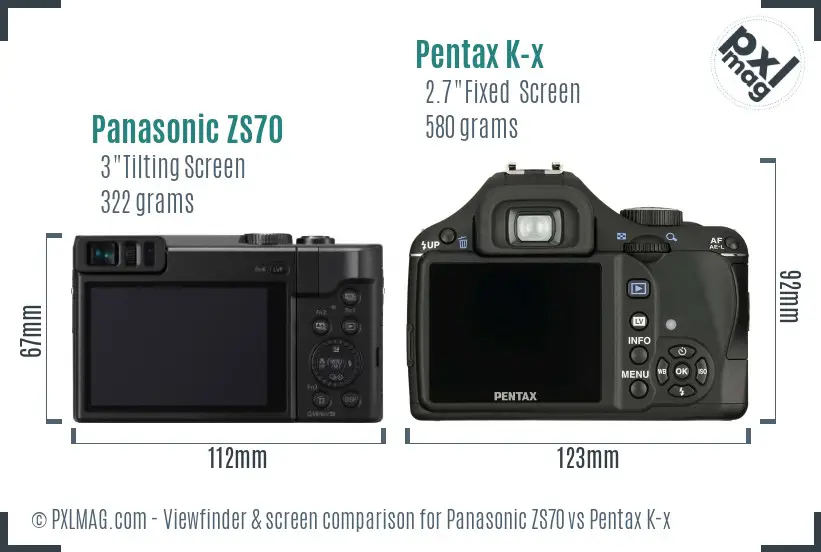 Panasonic ZS70 vs Pentax K-x Screen and Viewfinder comparison