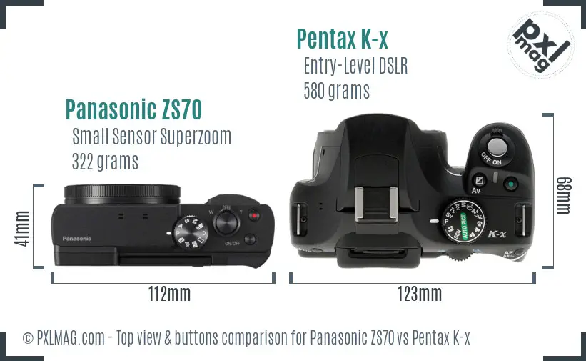Panasonic ZS70 vs Pentax K-x top view buttons comparison