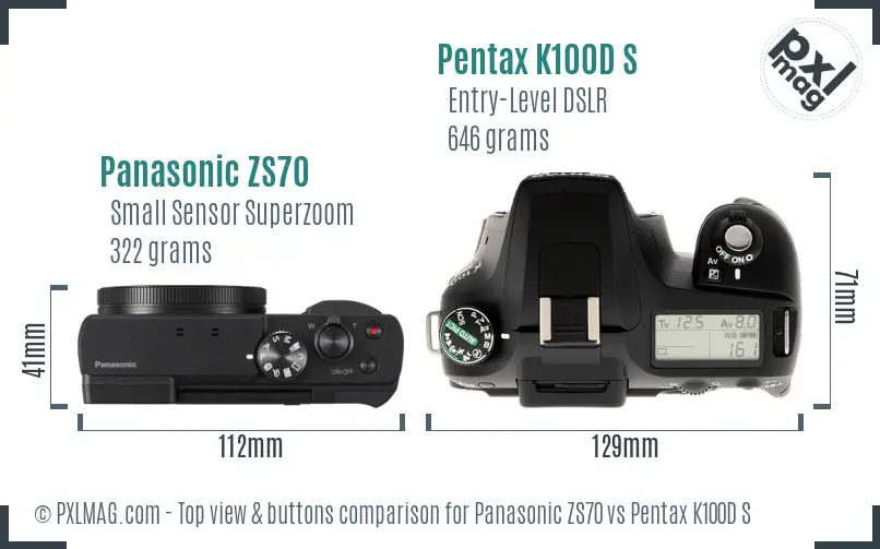Panasonic ZS70 vs Pentax K100D S top view buttons comparison