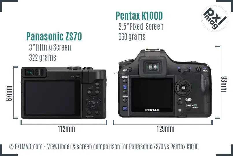 Panasonic ZS70 vs Pentax K100D Screen and Viewfinder comparison
