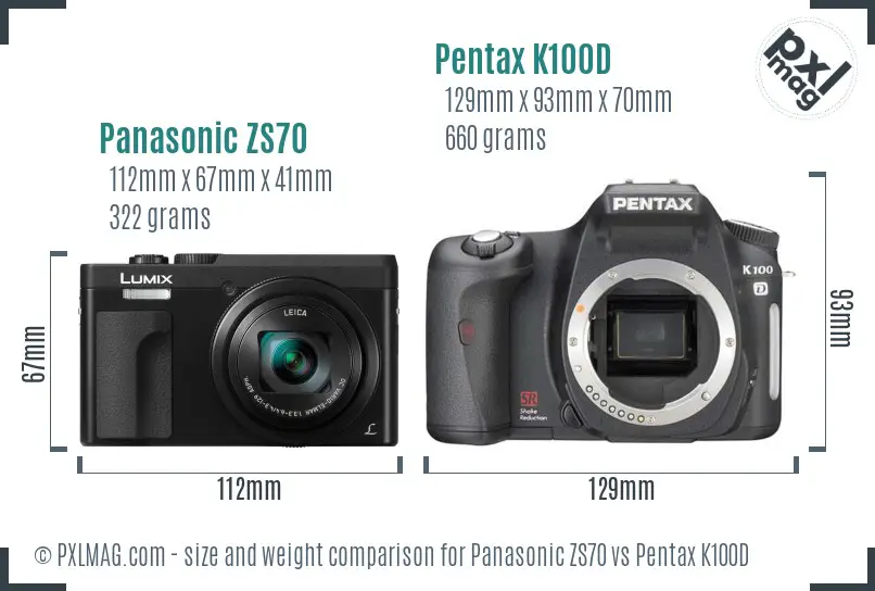 Panasonic ZS70 vs Pentax K100D size comparison