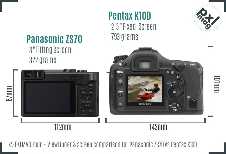 Panasonic ZS70 vs Pentax K10D Screen and Viewfinder comparison