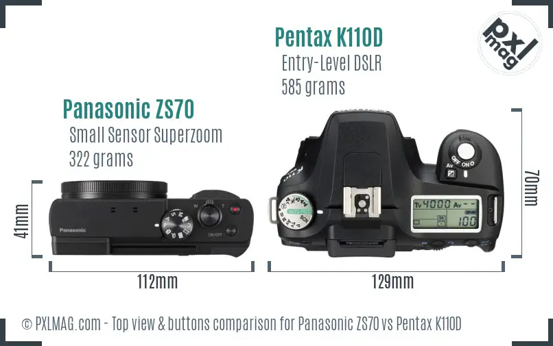 Panasonic ZS70 vs Pentax K110D top view buttons comparison