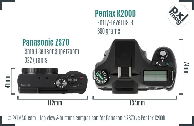 Panasonic ZS70 vs Pentax K200D top view buttons comparison